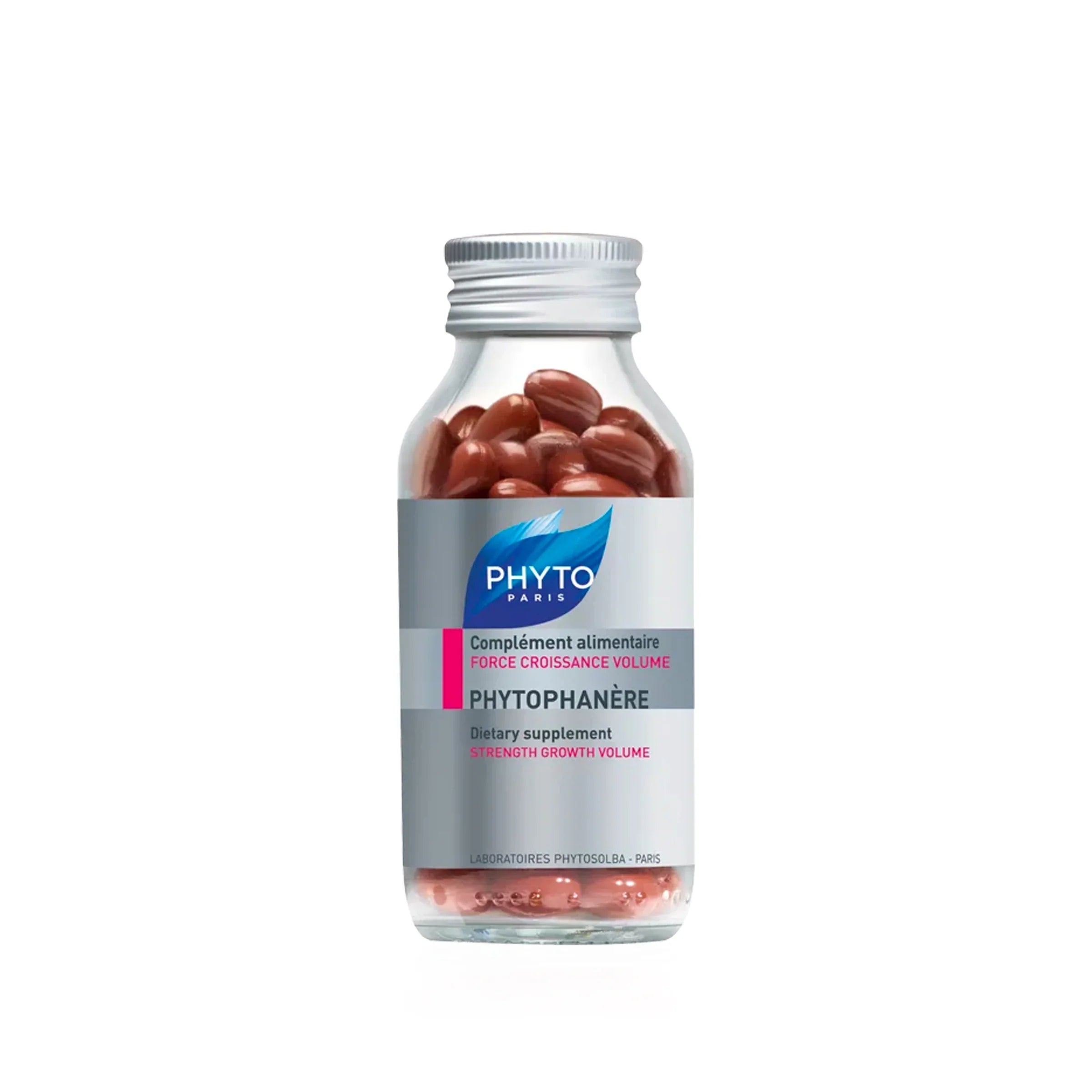 Dietary supplement bottle with red capsules and gray label