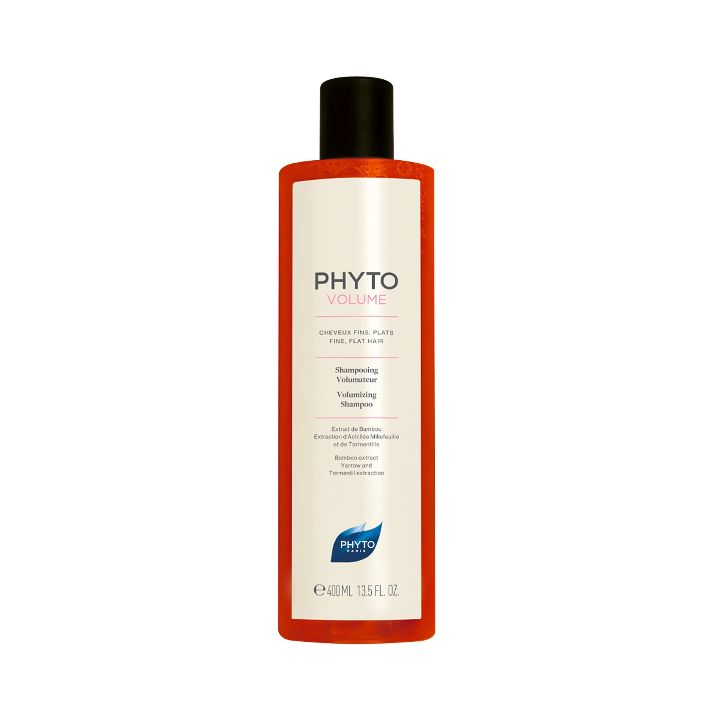 PHYTO PHYTOVOLUME shampoo bottle, amber orange label, black cap, 400 ml