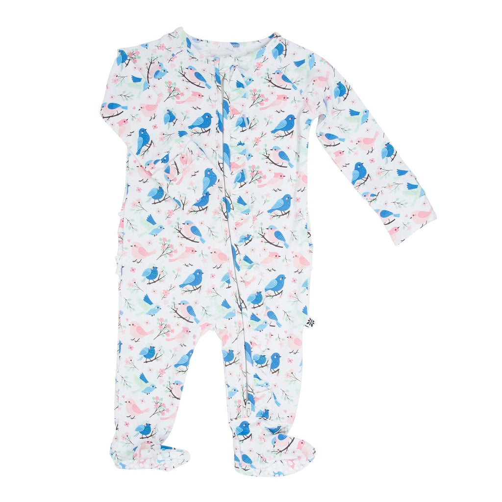 Long-sleeve baby footie with blue and pink bird print, footed cuffs