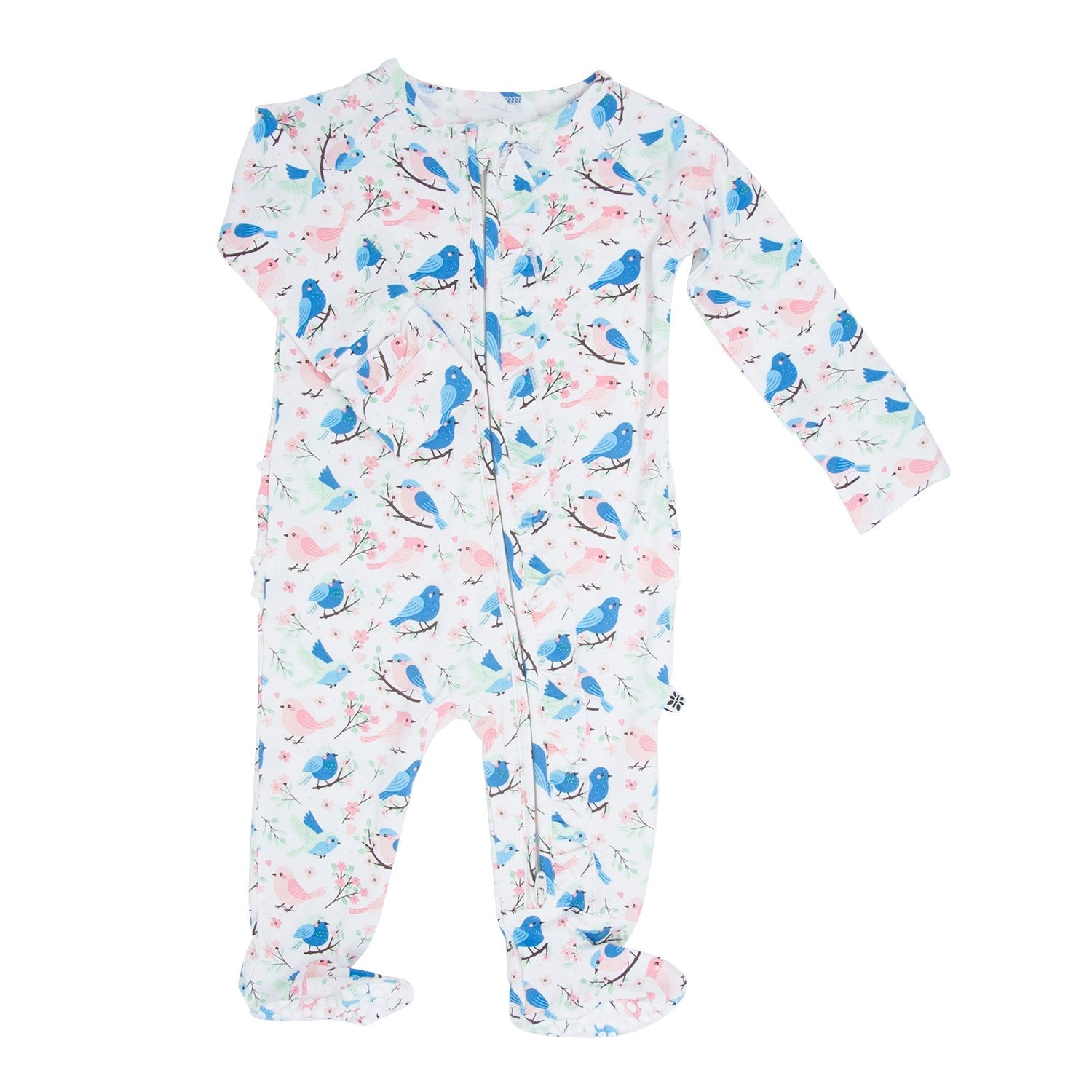 Long-sleeve baby footie with blue and pink bird print, footed cuffs