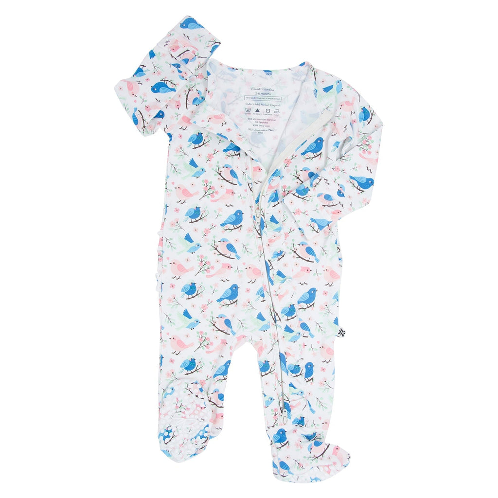 Ruffle-neck baby footie with bird print, button-front, footed