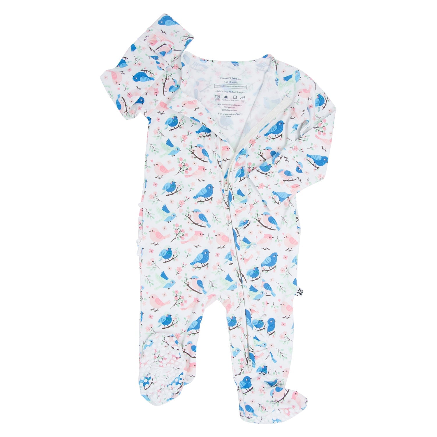 Ruffle-neck baby footie with bird print, button-front, footed