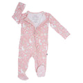 Pink baby footie with long sleeves, front snaps, and woodland bunny floral print