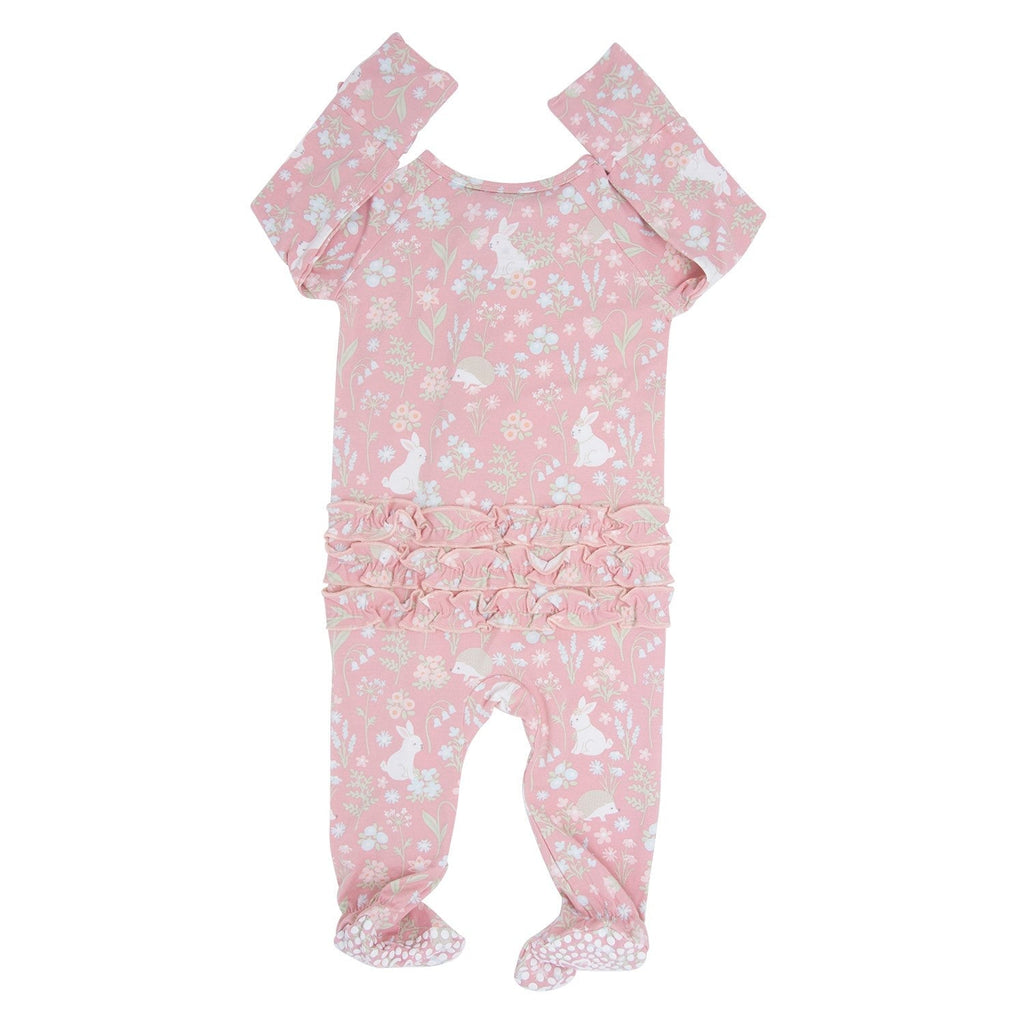 Pink baby footie with short sleeves, woodland bunny floral print, and ruffled waist