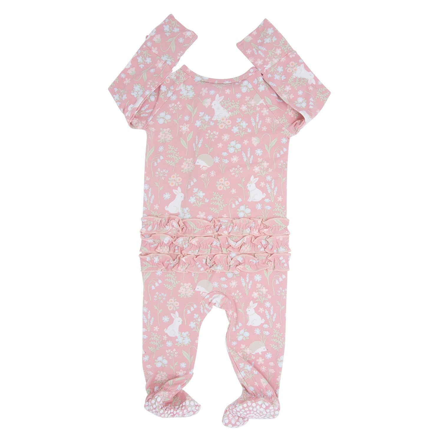 Pink baby footie with short sleeves, woodland bunny floral print, and ruffled waist