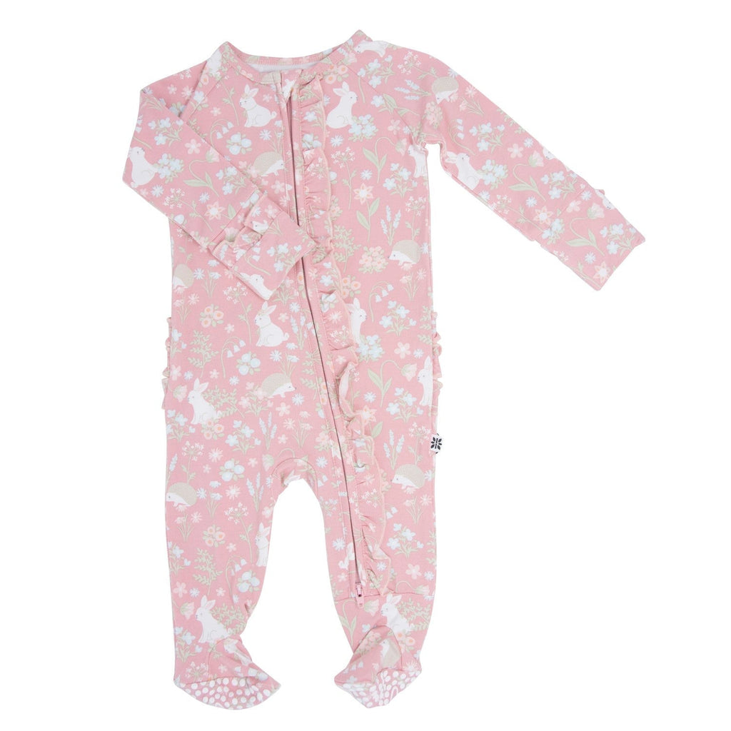 Pink baby footie with long sleeves and front snaps, woodland bunny floral print
