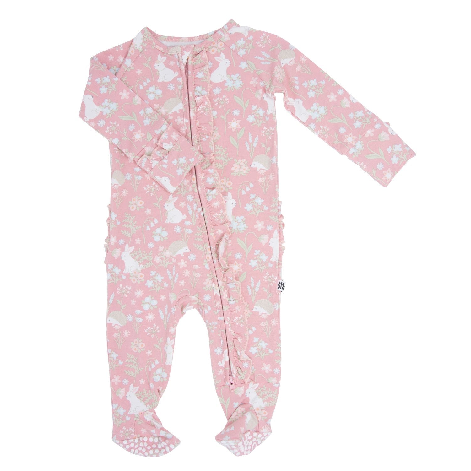 Pink baby footie with long sleeves and front snaps, woodland bunny floral print