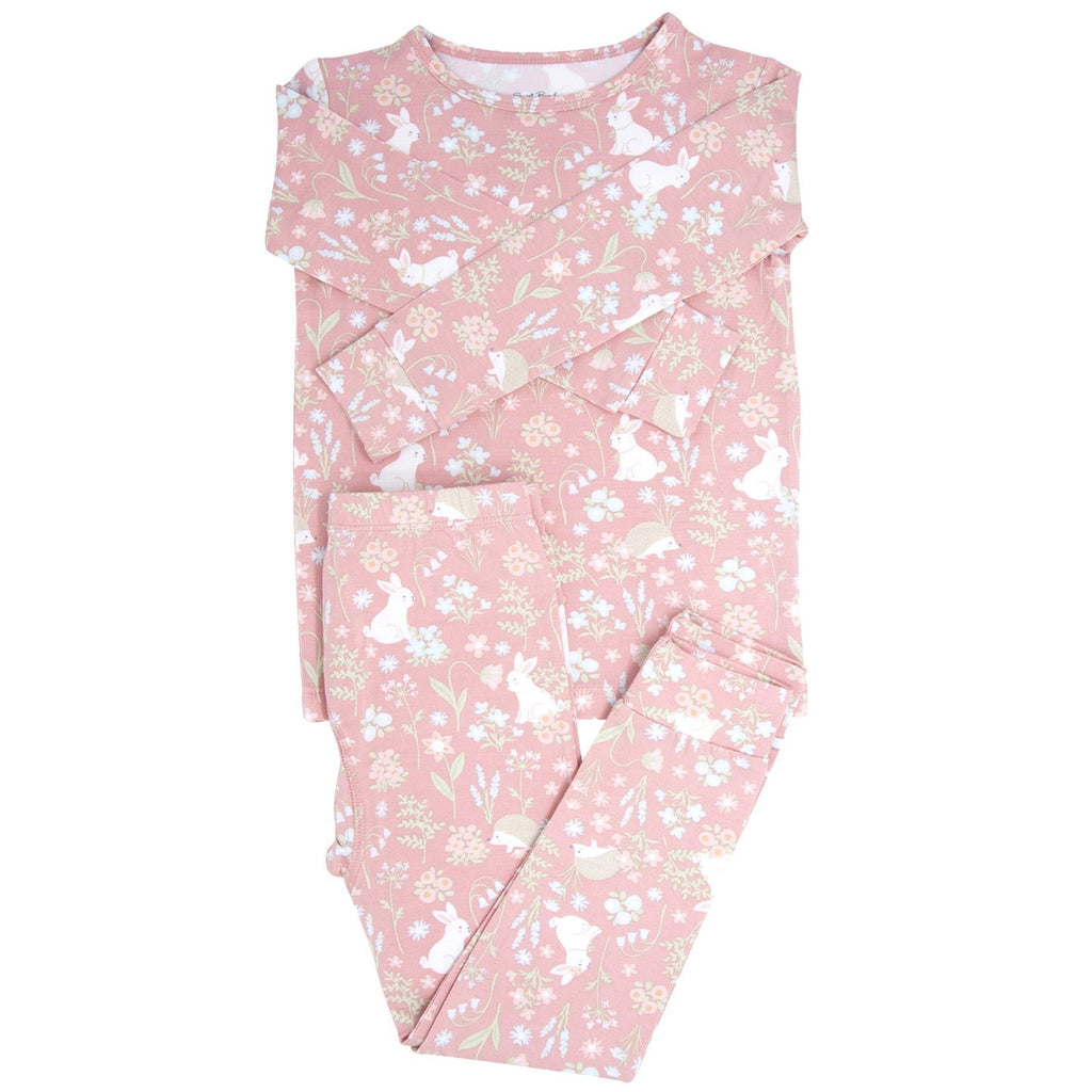 Kids pink pajama set with bunny and floral print, long-sleeve top and pants