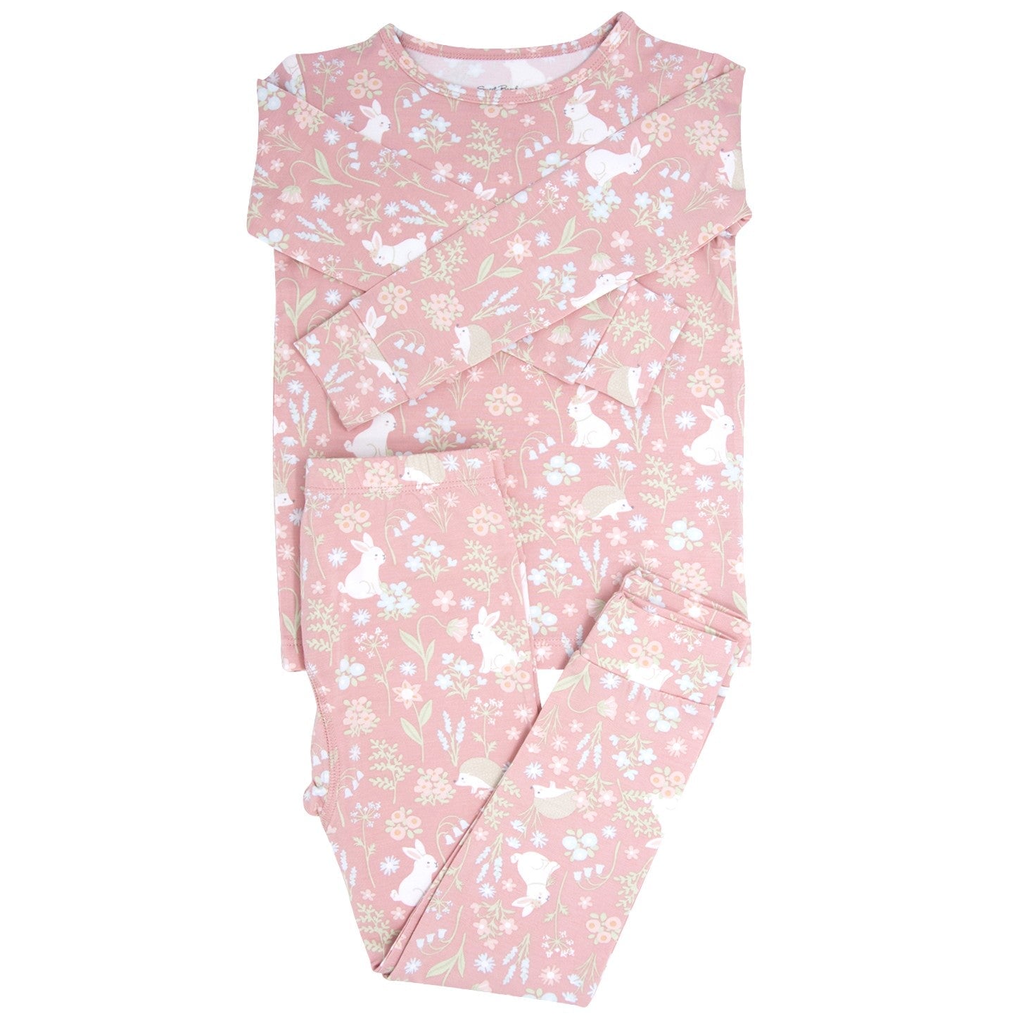 Kids pink pajama set with bunny and floral print, long-sleeve top and pants