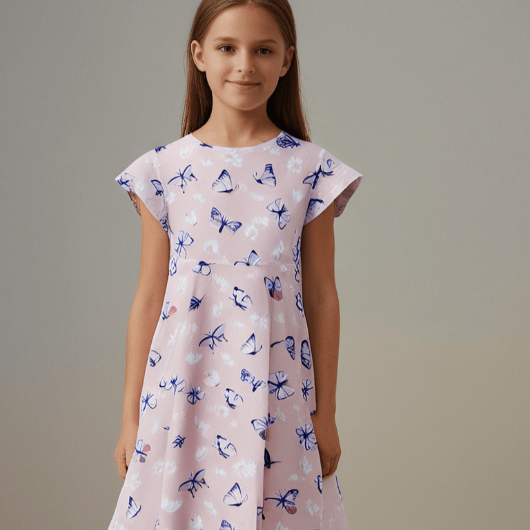 Pink girls cap-sleeve dress with blue butterfly print and relaxed fit