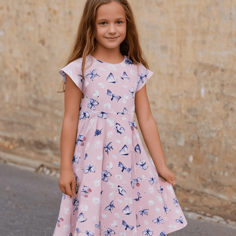 Pink girls cap-sleeve dress with blue butterfly pattern, gathered waist flare