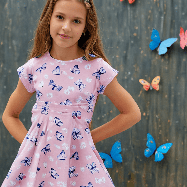 Pink girls cap-sleeve dress with blue butterfly print, flared skirt