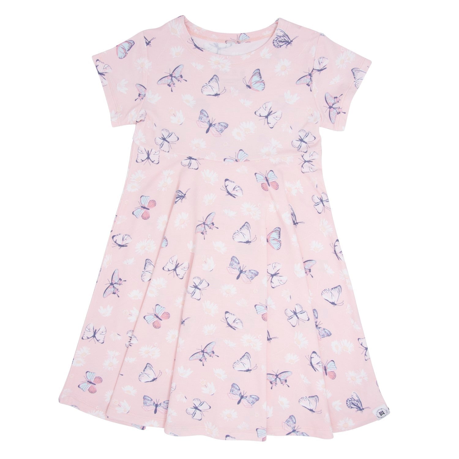 Pink cap-sleeve girls dress with allover blue butterfly print, skater skirt