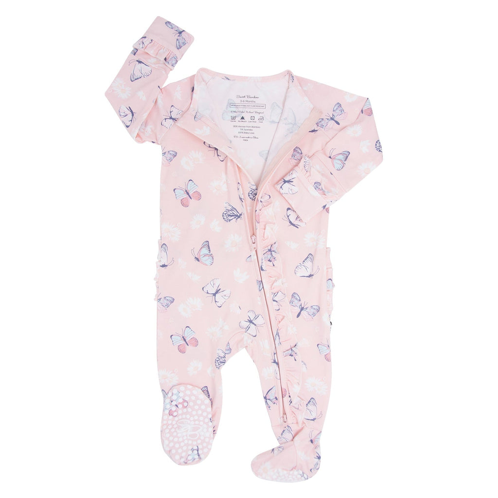 Pink bamboo footie sleeper with butterfly daisy print, front zip, mitten cuffs