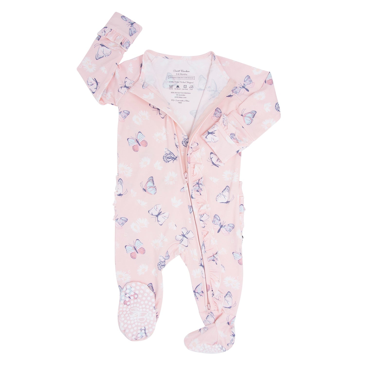 Pink bamboo footie sleeper with butterfly daisy print, front zip, mitten cuffs