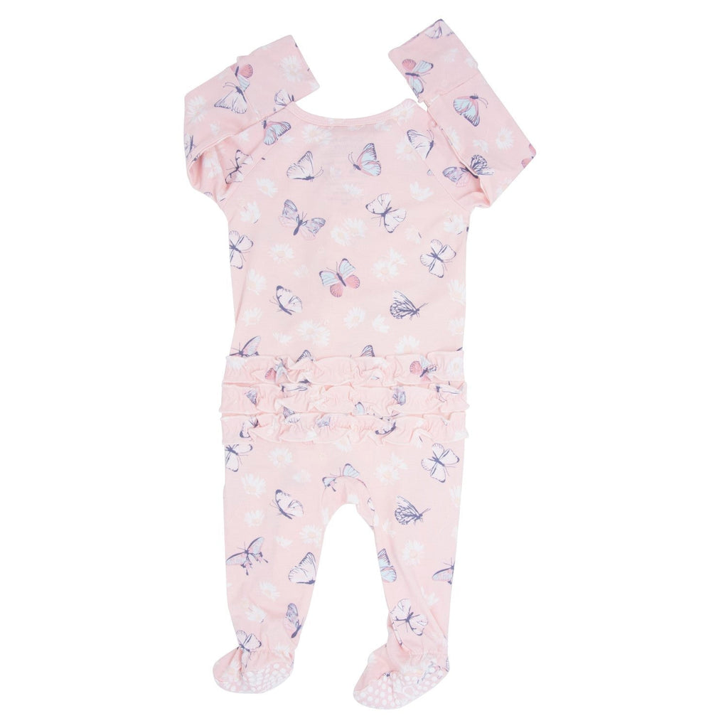 Pink butterfly daisy footie sleeper with ruffled leg cuffs and folded mitten cuffs