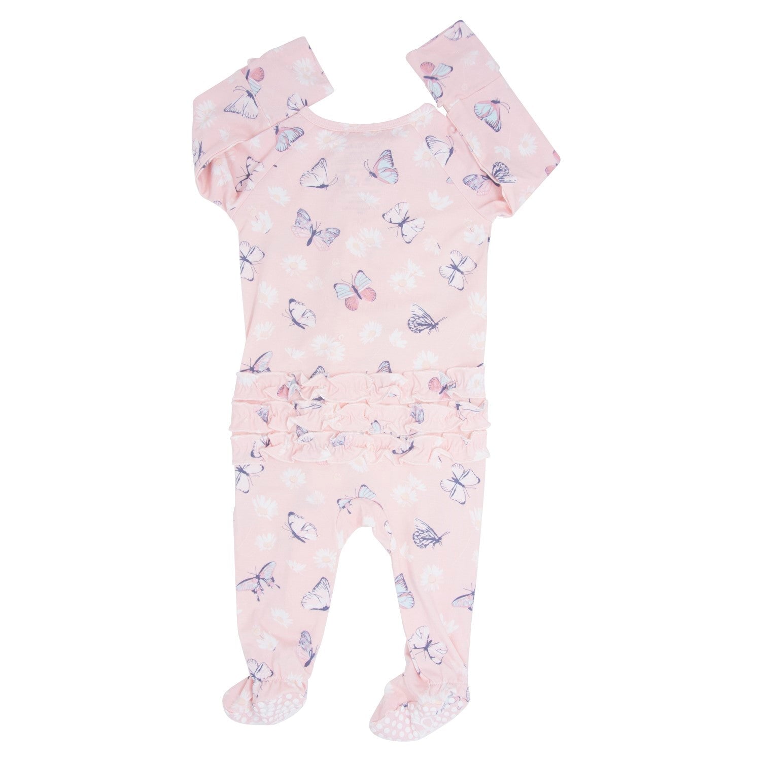 Pink butterfly daisy footie sleeper with ruffled leg cuffs and folded mitten cuffs