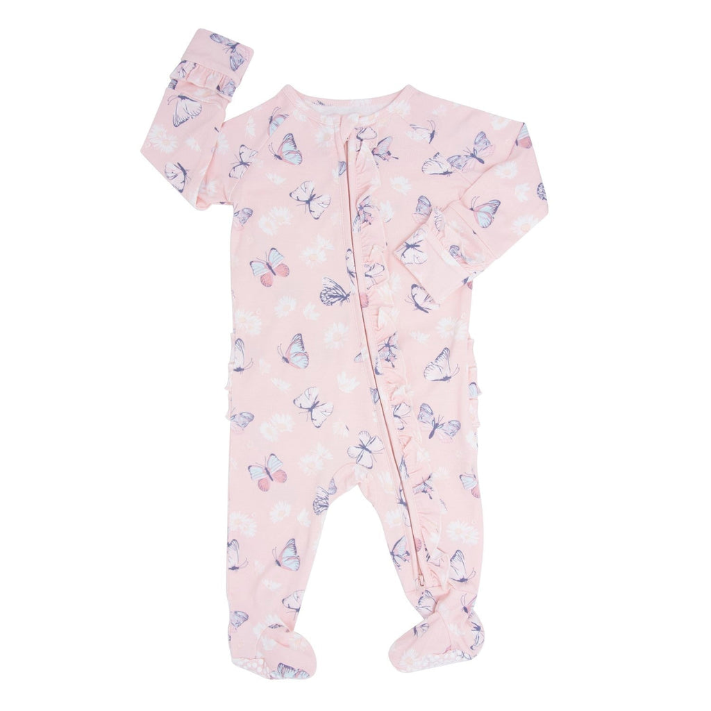 Pink bamboo footie sleeper with butterfly and daisy print, front zip, long sleeves