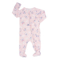 Pink bamboo footie sleeper with butterfly and daisy print, front zip, long sleeves