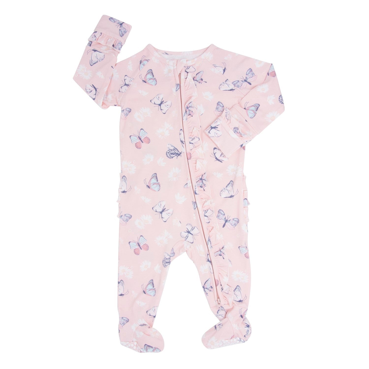Pink bamboo footie sleeper with butterfly and daisy print, front zip, long sleeves