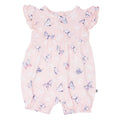 Girls bamboo ruffle romper in pale pink with blue butterfly print and frilled sleeves