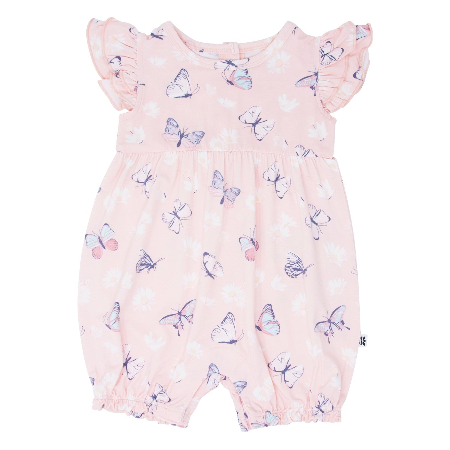 Girls bamboo ruffle romper in pale pink with blue butterfly print and frilled sleeves