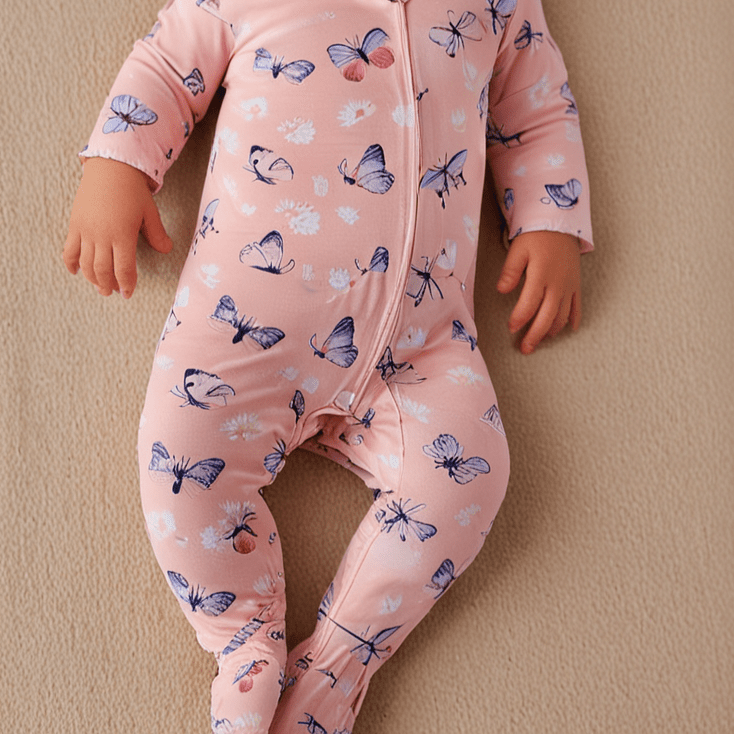 Pink bamboo zipper footie with butterfly and daisy print, front zip and long legs