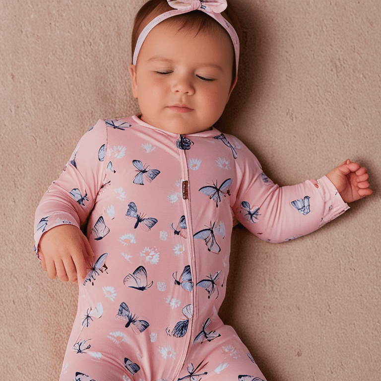 Pink bamboo zipper footie with butterfly and daisy print, front zip and long sleeves