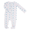Bamboo ruffle footie sleeper with pastel hen and bird print, full-length zip front