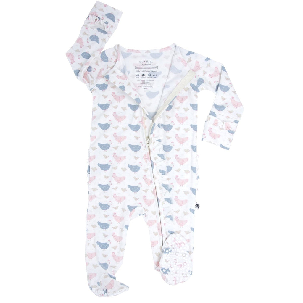 Bamboo ruffle footie sleeper, pastel hen print, long sleeves and footed legs, zip