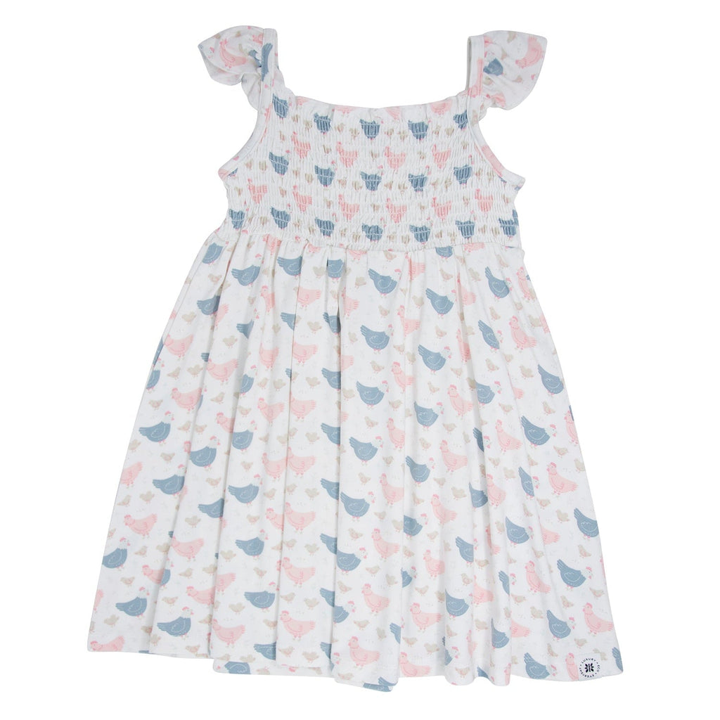 Girls' smocked vintage dress with light pink and blue hen print, ruffled cap sleeves