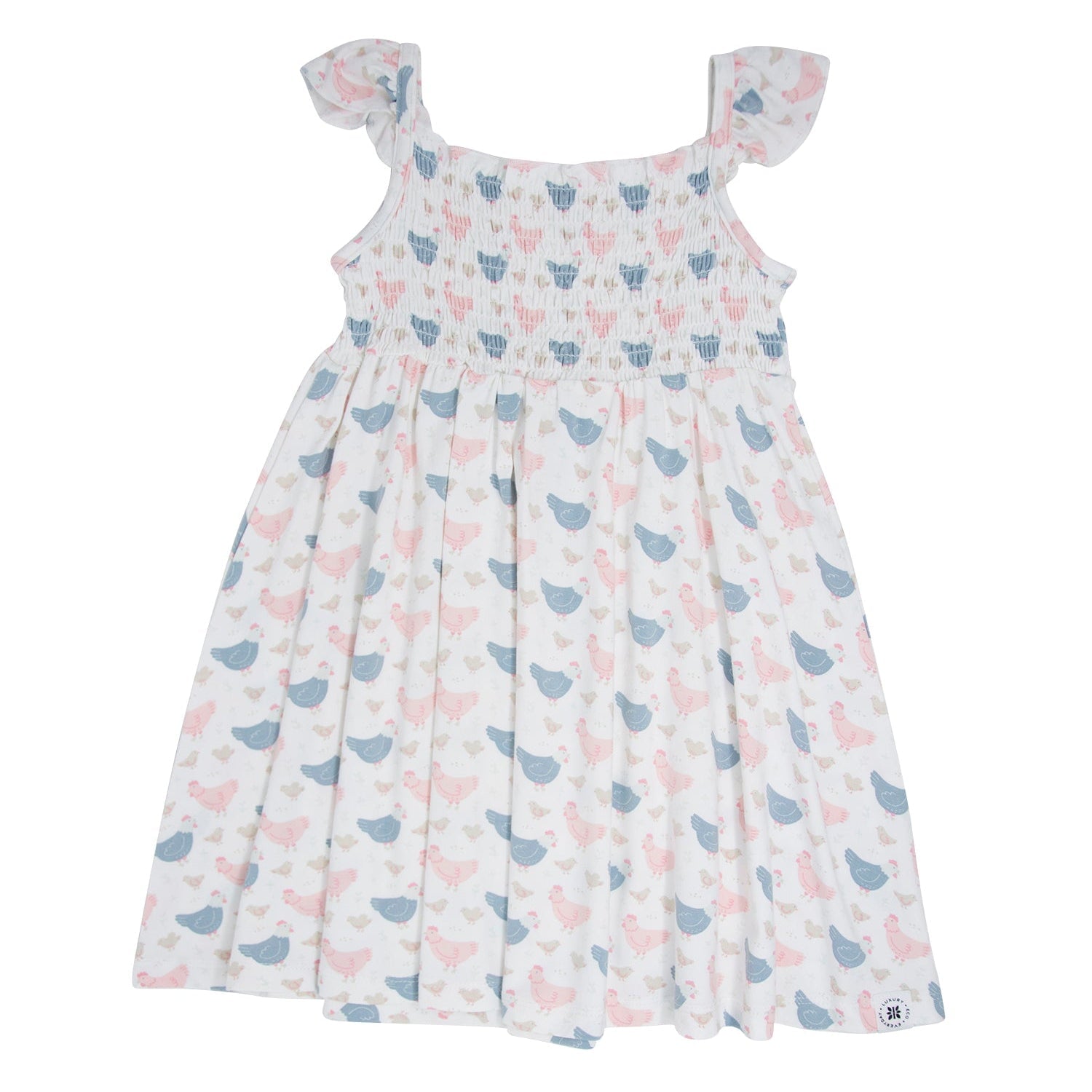 Girls' smocked vintage dress with light pink and blue hen print, ruffled cap sleeves