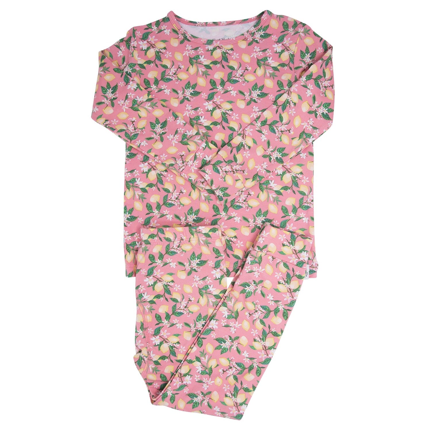 Kids pajama set, pink crew-neck top and long pants with lemon floral print