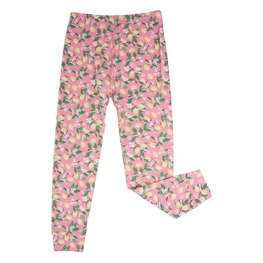 Kids pajama pants, pink with lemon floral print, front view