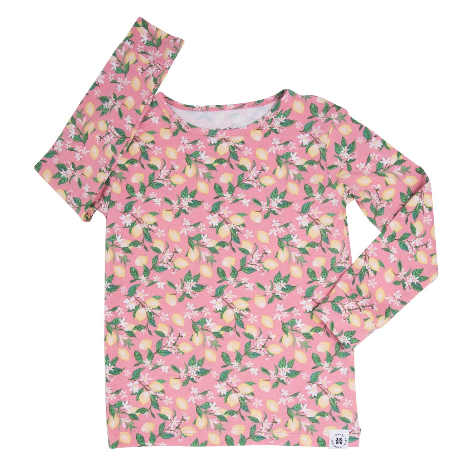 Kids long-sleeve pajama top, pink with lemon floral print and crew neckline