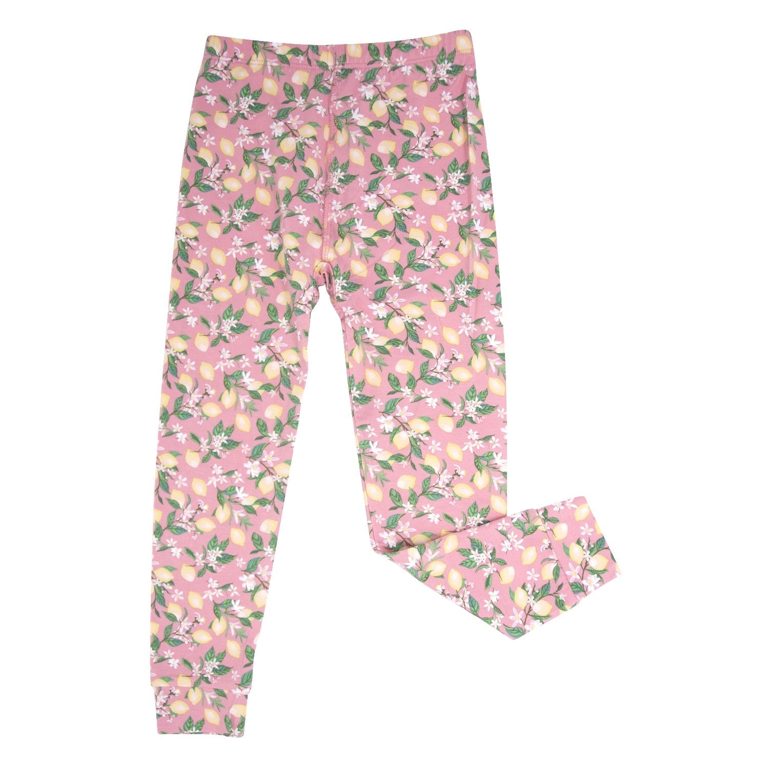 Kids pajama pants, pink with lemon floral print, full length