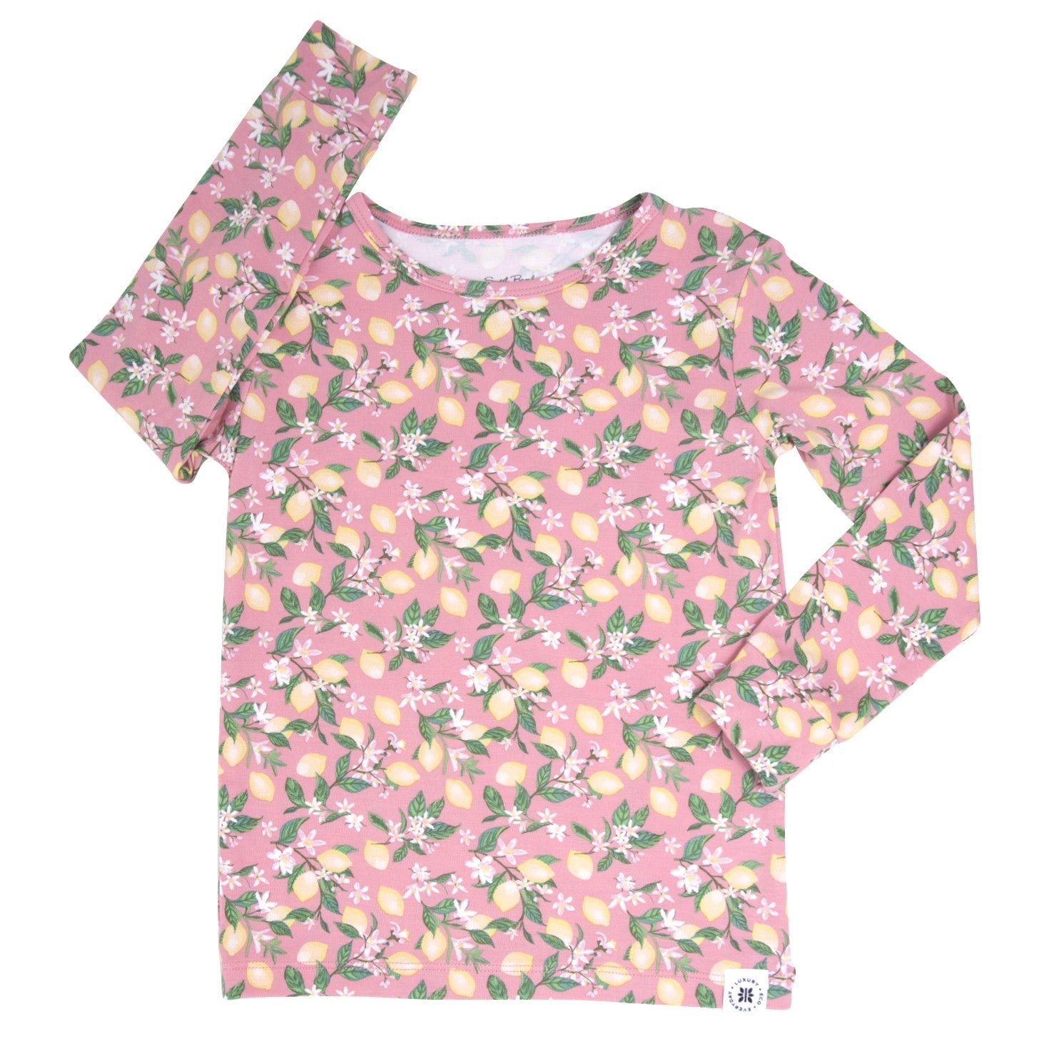 Kids pajama set with pink long-sleeve top and pants, lemon floral print, angled