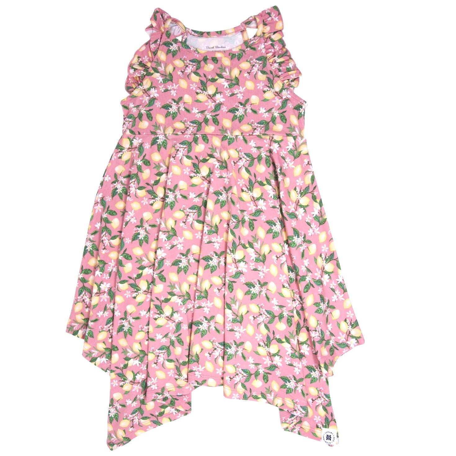 Girls pink racerback dress with lemon floral print, sleeveless tiered skirt