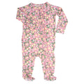 Pink lemon floral print footie sleeper with zip front and ruffled cuffs
