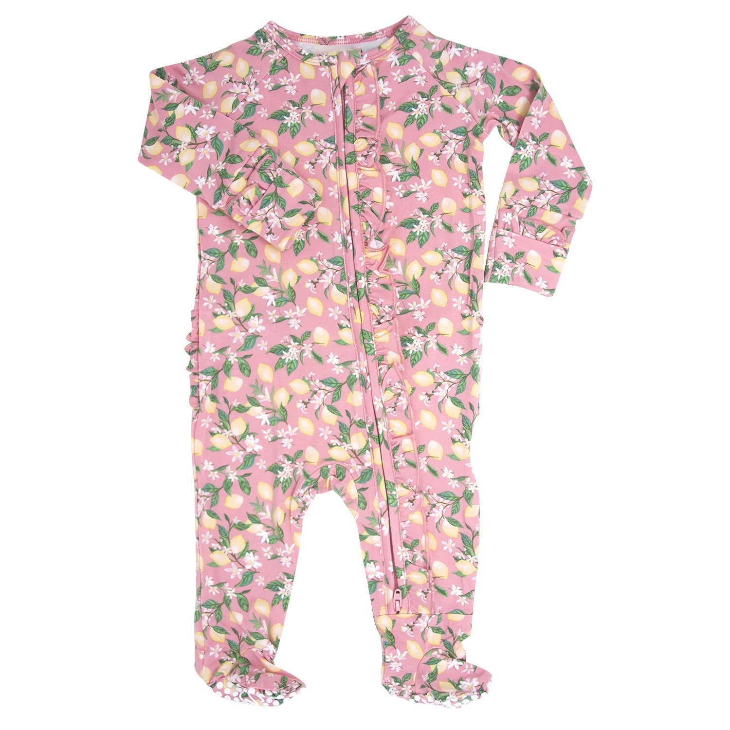 Pink lemon floral print footie sleeper with zip front and ruffled cuffs