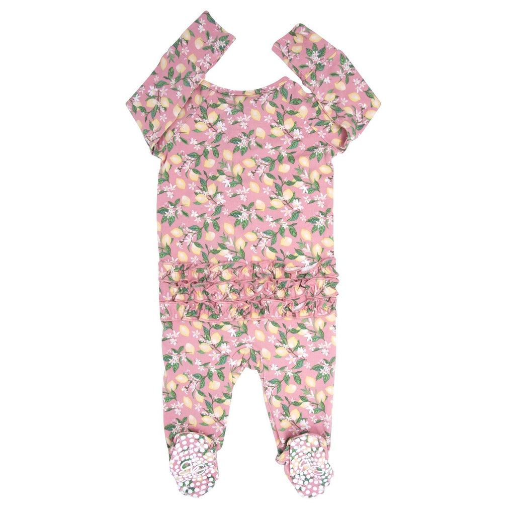 Pink lemon floral print footie with gathered ruffle neckline and footed legs