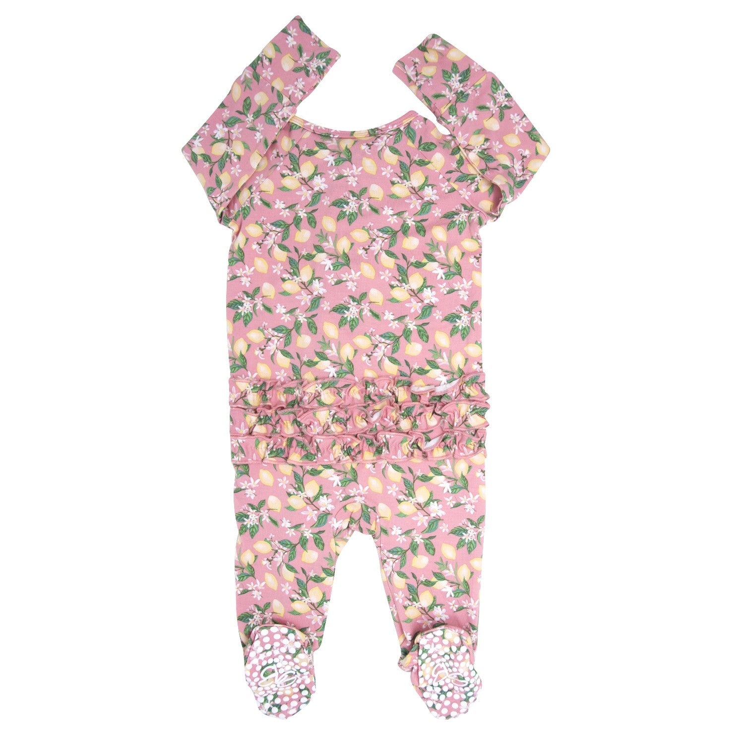 Pink lemon floral print footie with gathered ruffle neckline and footed legs