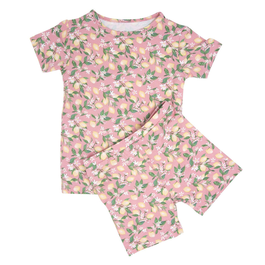 Girls' pink floral pajama set with short-sleeve top and matching shorts