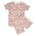 Girls' pink floral pajama set with short-sleeve top and matching shorts