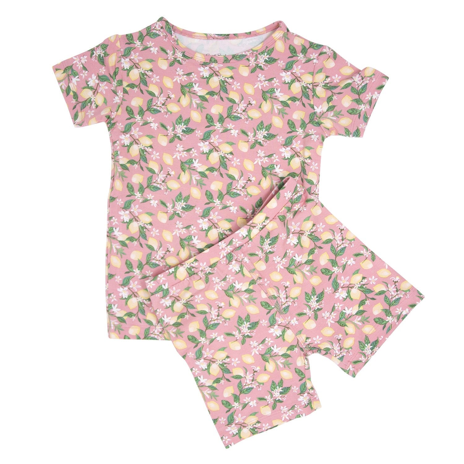 Girls' pink floral pajama set with short-sleeve top and matching shorts