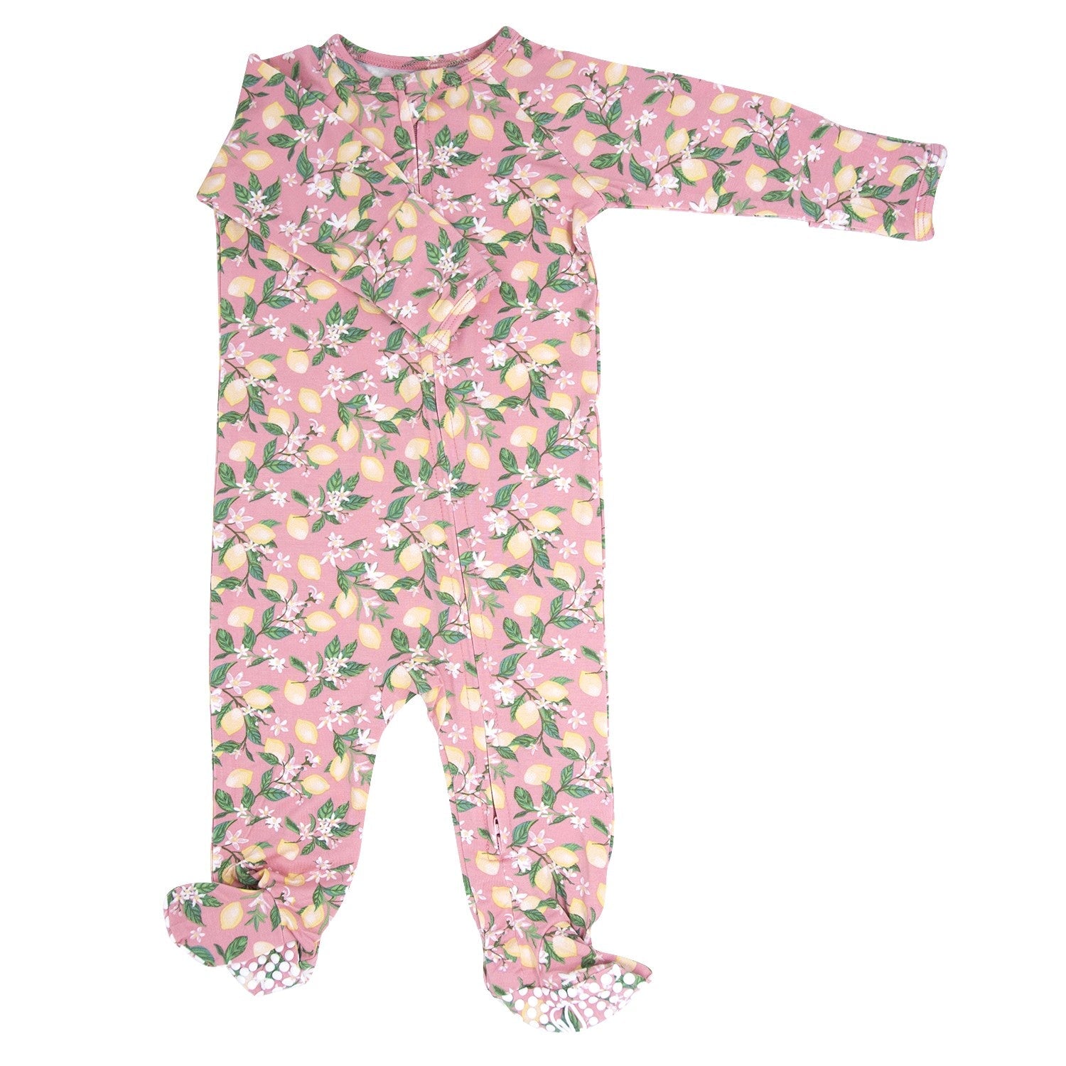 Girls pink lemon floral print zippered footie with long sleeves and ankle cuffs