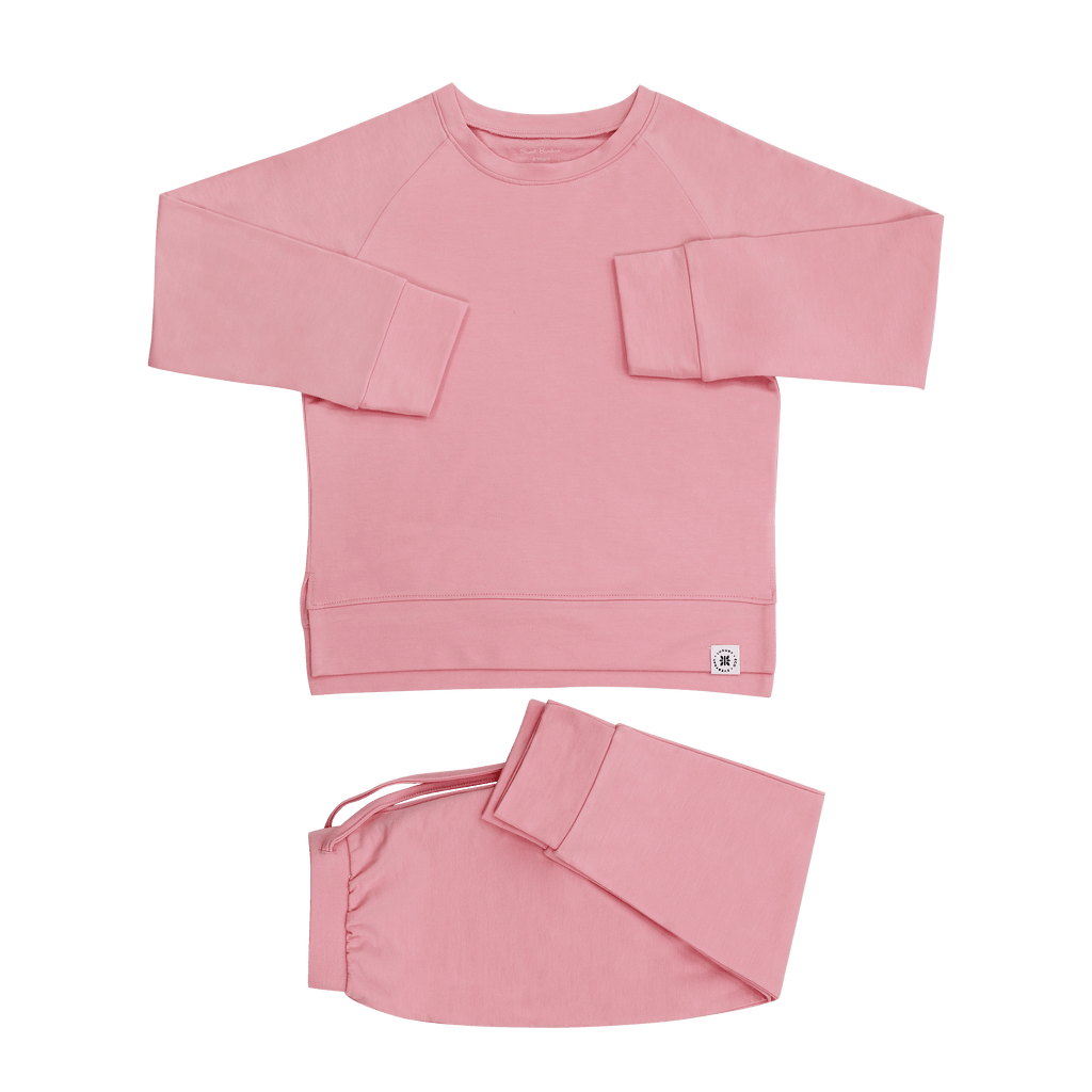 Pink long-sleeve crew neck sweatshirt and matching jogger pants set