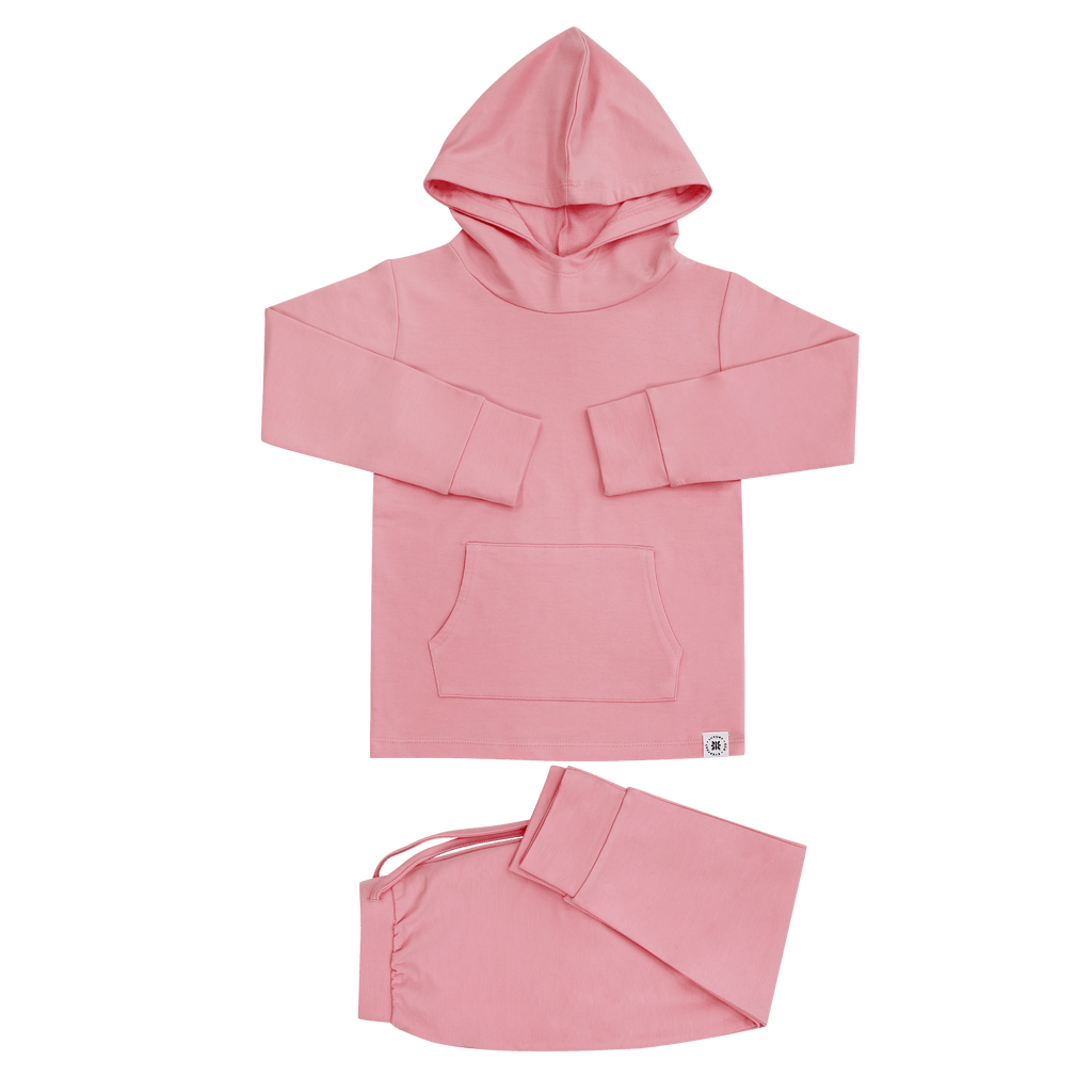 Pink hooded sweatshirt and jogger pants set with front pocket, long sleeves, and cuffed legs
