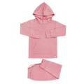 Pink hooded sweatshirt and jogger pants set with front pocket, long sleeves, and cuffed legs