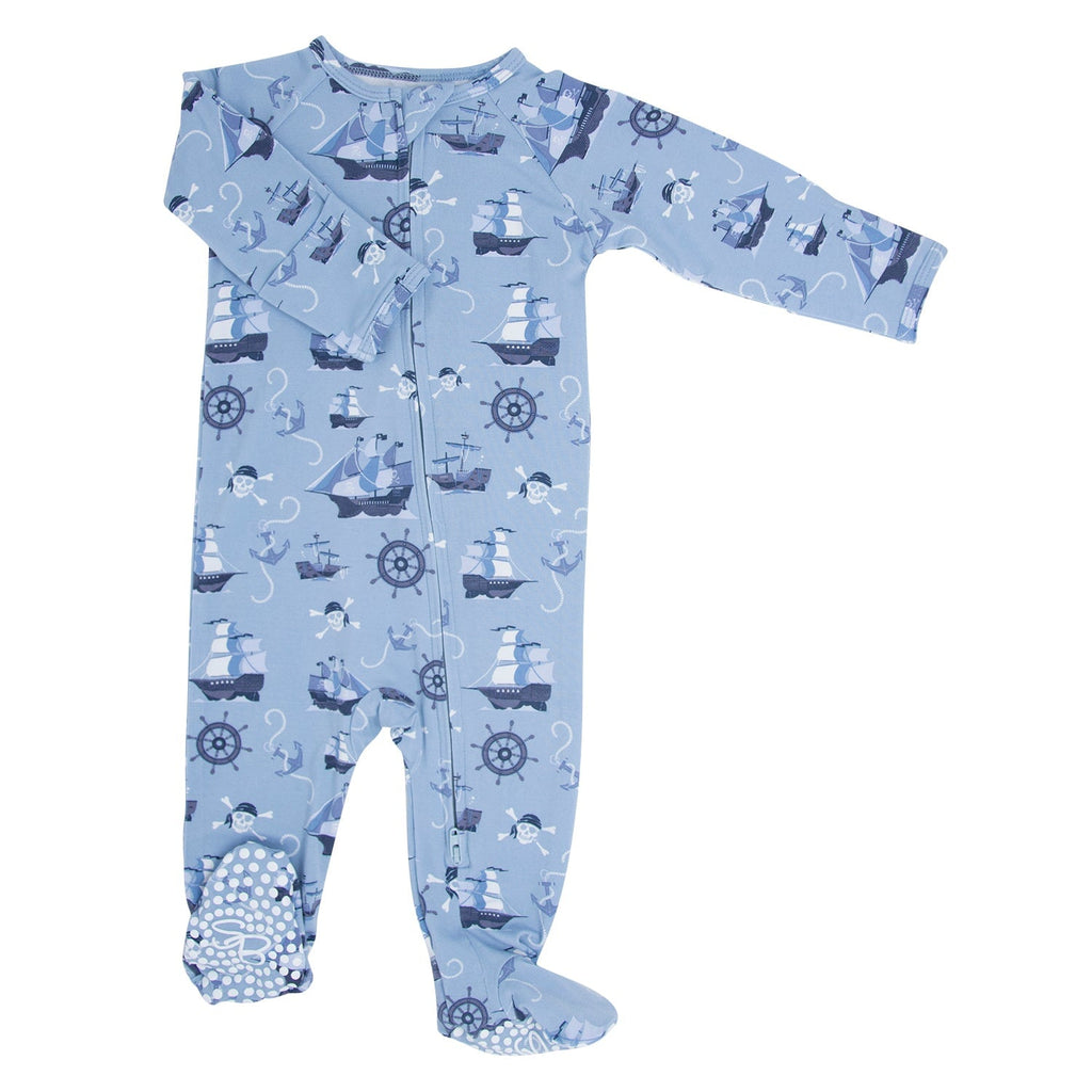 Light blue pirate ship zipper footie with nautical icons, full-length zip front and footed legs